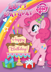 Size: 344x480 | Tagged: safe, imported from derpibooru, pinkie pie, earth pony, pony, birthday cake, cake, female, food, happy birthday, hat, how do hooves work?, mare, my little pony logo, official, party hat, party horn, pink background, present, rainbow, simple background, solo, standing on two hooves, stock vector, text