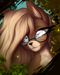 Size: 3000x3760 | Tagged: safe, artist:darky_wings, imported from derpibooru, oc, oc only, deer, deer pony, hybrid, original species, pony, bust, commission, deer oc, ear fluff, female, forest, fur, glasses, nature, non-pony oc, solo, solo female, sun, tree