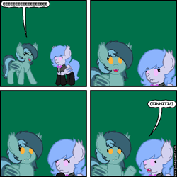 Size: 574x574 | Tagged: safe, artist:jerkface, oc, oc only, oc:dusky, oc:lucky roll, bat pony, 4 panel comic, ^^, bat pony oc, bat wings, bonequest, bowtie, clothes, comic, dialogue, eeee, eyes closed, fangs, female, jerk city, looking at you, mare, open mouth, scrunchy face, simple background, smiling, socks, speech bubble, text, tinnitus, vest, wings