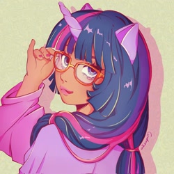 Size: 2048x2048 | Tagged: safe, artist:beannybae, imported from derpibooru, twilight sparkle, human, bust, drop shadow, eared humanization, glasses, green background, horn, horned humanization, humanized, looking at you, looking back, looking back at you, moderate dark skin, simple background, smiling, smiling at you, solo