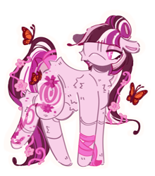 Size: 1714x1947 | Tagged: safe, artist:tottallytoby, imported from derpibooru, oc, oc only, oc:vectora flourish, butterfly, earth pony, pony, artfight, bandage, bandaged leg, belly fluff, butt fluff, coat markings, colored pinnae, earth pony oc, eye clipping through hair, eyelashes, female, floppy ears, fluffy, gift art, hair bun, hock fluff, leg fluff, leg markings, lidded eyes, long mane, long tail, looking at something, mare, mare oc, monarch butterfly, multicolored mane, multicolored tail, neck fluff, no mouth, one eye, outline, pink coat, pink eyes, pink mane, pink tail, raised leg, shoulder fluff, simple background, solo, standing, swirls, swirly markings, tail, tied mane, transparent background, wavy mane, wavy tail, white pupils