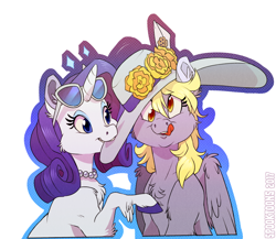 Size: 882x764 | Tagged: safe, artist:spooktoons, imported from derpibooru, derpy hooves, rarity, pegasus, pony, unicorn, cheek fluff, chest fluff, diamond, duo, female, flower, food, hat, horn, jewelry, mouth hold, muffin, necklace, outline, raised hoof, simple background, smiling, sun hat, sunglasses, tongue out, white background, wings