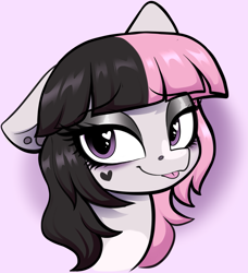 Size: 2397x2629 | Tagged: safe, artist:moozua, imported from derpibooru, oc, oc only, oc:trouble shoot, earth pony, pony, 2023, artfight, bangs, beauty mark, coat markings, ear piercing, earring, earth pony oc, eyebrows, eyebrows visible through hair, eyelashes, eyeshadow, facial markings, female, gift art, gradient background, gray coat, gray eyeshadow, heart, heart eyes, heart mark, high res, jewelry, lidded eyes, looking away, makeup, mare, mare oc, old art, one ear down, piercing, pink eyes, smiling, snip (coat marking), solo, thick eyelashes, tongue out, two toned mane, wingding eyes