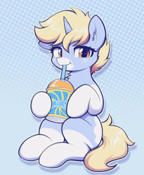 Size: 2989x3648 | Tagged: safe, artist:moozua, imported from derpibooru, oc, oc only, oc:nootaz, pony, unicorn, :3, artfight, blonde mane, blonde tail, blue coat, border, coat markings, drink, drinking, drinking straw, ear fluff, eyelashes, facial markings, female, gift art, high res, horn, lidded eyes, looking at you, mare, mare oc, mealy mouth (coat marking), one ear down, orange eyes, outline, patterned background, shadow, sitting, slurpee, slushie, smiling, smiling at you, socks (coat markings), solo, sparkly eyes, straw, tail, unicorn horn, unicorn oc, wingding eyes