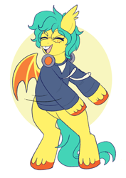 Size: 700x987 | Tagged: safe, artist:lulubell, imported from derpibooru, oc, oc only, oc:squish, bat pony, pony, bipedal, bucktooth, clothes, eyes closed, flossing (dance), glasses, headphones, hoodie, male, motion lines, open mouth, open smile, smiling, solo, stallion