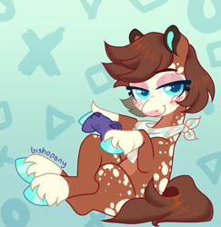 Size: 1944x2000 | Tagged: safe, artist:bishopony, imported from derpibooru, oc, oc:mint chiffon, earth pony, pony, 2023, appaloosa, artfight, bald face, bandana, blaze (coat marking), blue eyelashes, blue eyes, blue hooves, blue pupils, blush scribble, blushing, brown coat, brown mane, brown tail, coat markings, colored belly, colored eyebrows, colored eyelashes, colored hooves, colored pupils, controller, eyeshadow, facial markings, gamer, gaming, gift art, hooves, lidded eyes, long tail, looking away, magical lesbian spawn, makeup, neckerchief, offspring, pale belly, parent:applejack, parent:rarity, parents:rarijack, patterned background, purple eyeshadow, shiny mane, shiny tail, short mane, signature, sitting, smiling, snip (coat marking), socks (coat markings), solo, tail, thick eyelashes, thin legs, unshorn fetlocks