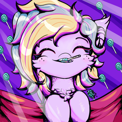 Size: 3000x3000 | Tagged: safe, artist:umbrapone, imported from derpibooru, oc, oc only, oc:bass-beat, earth pony, pony, :3, bliss, bust, candy, colorful, cute, cuteness overload, daaaaaaaaaaaw, eyes closed, female, food, happy, lollipop, multicolored mane, ocbetes, open mouth, shiny, shiny mane, shiny skin, solo, solo female, sparkles, umbrapone is trying to kill us