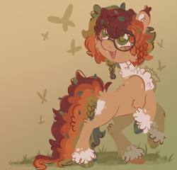 Size: 2182x2094 | Tagged: safe, artist:bishopony, imported from derpibooru, oc, oc only, oc:woodrow, butterfly, earth pony, pony, 2023, abstract background, artfight, blank flank, blush scribble, blushing, braid, brown coat, brown pupils, butt fluff, cheek fluff, chest fluff, coat markings, colored chest fluff, colored ear tufts, colored eartips, colored fetlocks, colored pinnae, colored pupils, curly mane, curly tail, ear fluff, ear tufts, earth pony oc, fangs, fluffy, gift art, glasses, grass, green eyes, high res, hock fluff, leg fluff, long tail, looking at something, nonbinary oc, old art, open mouth, open smile, outdoors, ponysona, rearing, round glasses, short mane, smiling, solo, tail, unshorn fetlocks, wall of tags