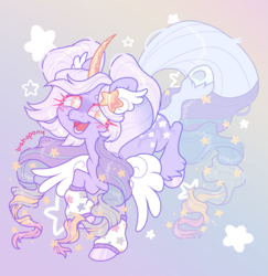 Size: 2163x2228 | Tagged: safe, artist:bishopony, imported from derpibooru, oc, oc only, oc:haneniji, alicorn, pony, abstract background, alicorn oc, artfight, big mane, big tail, blush scribble, blushing, clothes, colored eyebrows, colored eyelashes, colored hooves, colored horn, colored wings, curly mane, curly tail, curved horn, female, gift art, golden horn, gradient background, hairclip, high res, hooves, horn, leg warmers, long mane, long tail, looking back, mare, mare oc, multicolored mane, multicolored tail, open mouth, open smile, patterned leg warmers, pigtails, pink eyelashes, purple coat, purple hooves, raised hoof, raised leg, ringlets, shiny eyes, shiny hooves, shiny horn, signature, slender, smiling, solo, standing, standing on one leg, starry eyes, stars, tail, thin, thin legs, tied mane, twintails, unshorn fetlocks, wall of tags, white pupils, white wings, wingding eyes, wings, wings down, yellow eyes