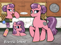 Size: 3831x2869 | Tagged: safe, artist:selenophile, imported from derpibooru, oc, oc:business strike, earth pony, pony, bun, earth pony oc, explicit source, glasses, horseshoes, reference sheet, text