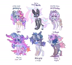 Size: 2016x1818 | Tagged: safe, artist:cutesykill, imported from derpibooru, oc, oc only, oc:bubblebite, oc:kalyna, oc:luleya, oc:princess marshmallow, oc:shokoshu, oc:toothpaste (cutesykill), alicorn, goo, monster pony, sea pony, undead, unicorn, alicorn oc, bald face, bandage, bandaged body, bandaged leg, bandaged neck, bangs, beanbrows, beauty mark, big bow, big ears, big eyes, big mane, big tail, blank flank, blaze (coat marking), blood, bloody knife, blue eyes, blue sclera, blue teeth, bow, coat markings, colored belly, colored eyebrows, colored eyelashes, colored fetlocks, colored horn, colored pinnae, colored pupils, colored sclera, colored teeth, concave belly, crown, decapitated, decora, detached head, ear piercing, earring, eyebrows, eyes do not belong there, facial markings, fin fetlocks, fins, fish tail, floating head, flower, flower in hair, flower in tail, flowing mane, flowing tail, folded wings, freckles, frown, gray coat, hair accessory, hair bow, hair bun, hairclip, horn, jewelry, knife, lidded eyes, long legs, long mane, long mane male, long tail, looking away, male, mane accessory, mare oc, mouth hold, multicolored mane, multicolored tail, multiple eyes, narrowed eyes, neck bow, orange coat, pale belly, partially open wings, piercing, pigtails, pink bow, pink eyes, pink mane, pink tail, plushie, purple bow, purple coat, purple eyelashes, purple eyes, purple pupils, purple teeth, reference sheet, regalia, ringlets, sharp teeth, simple background, slender, slit pupils, small horn, smiling, socks (coat markings), spiky mane, spiky tail, stallion, stallion oc, standing, striped, striped coat, striped mane, striped tail, stripes, tail, tail bow, tail clip, tail fin, tall ears, teeth, tentacle hair, tentacle mane, text, thick eyelashes, thin, thin legs, three toned mane, three toned tail, tiara, tri-color mane, tri-color tail, tri-colored mane, tri-colored tail, tricolor mane, tricolor tail, tricolored mane, tricolored tail, twintails, two toned eyes, two toned mane, two toned tail, unicorn horn, unicorn oc, unusual pupils, white background, white coat, wings