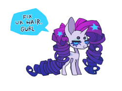 Size: 774x577 | Tagged: safe, artist:cutesykill, imported from derpibooru, rarity, pony, unicorn, alternate eye color, beanbrows, big ears, big head, blue eyes, chibi, colored eyebrows, colored pinnae, colored sclera, concave belly, curly mane, dialogue, evil rarity, eyebrows, eyeshadow, female, gradient mane, hair accessory, hairclip, horn, impossibly long mane, lidded eyes, long legs, long mane, looking at you, makeup, mane accessory, mare, mint eyeshadow, narrowed eyes, no tail, purple mane, purple sclera, ringlets, slender, slit pupils, smiling, smiling at you, solo, speech bubble, standing, tail accessory, talking, talking to viewer, tall ears, text, thick eyelashes, thin, thin legs, two toned eyes, white coat