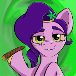 Size: 4200x4200 | Tagged: safe, artist:engi, imported from derpibooru, pipp petals, pegasus, pony, blunt, crown, digital art, drugs, female, g5, high, jewelry, mare, marijuana, regalia, simple background, solo, stoned