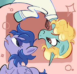 Size: 2048x1963 | Tagged: safe, artist:chipchapp, imported from derpibooru, oc, oc only, unnamed oc, pegasus, pony, unicorn, blonde mane, blue mane, blue tail, clothes, duo, eyelashes, female, folded wings, frown, horn, lidded eyes, long body, looking at each other, looking at someone, mare, open frown, orange background, orange eyes, passepartout, pegasus oc, profile, purple coat, raised hoof, shirt, simple background, smiling, smiling at someone, sparkles, tail, teal coat, unicorn horn, unicorn oc, wings