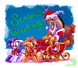 Size: 2150x1900 | Tagged: safe, artist:whitediamonds, imported from derpibooru, applejack, discord, rarity, draconequus, earth pony, pony, unicorn, angry, applejack's hat, blushing, bridle, christmas, clothes, costume, cowboy hat, female, freckles, gritted teeth, harness, hat, holiday, horn, horn ring, jewelry, lesbian, looking at someone, looking at something, looking at you, male, mare, raised hoof, rarijack, rarijack daily, ring, santa costume, santa hat, shipping, signature, sleigh, snow, sweat, sweatdrop, tack, tail, teeth, trio