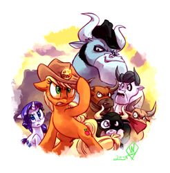 Size: 1650x1675 | Tagged: safe, artist:whitediamonds, imported from derpibooru, applejack, rarity, bull, earth pony, pony, unicorn, applejack's hat, cowboy hat, female, floppy ears, freckles, hat, horn, lesbian, male, mare, rarijack, rarijack daily, shipping, signature, tail