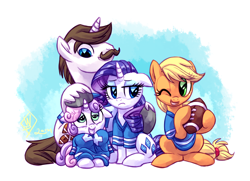 Size: 2000x1450 | Tagged: safe, artist:whitediamonds, imported from derpibooru, applejack, hondo flanks, rarity, sweetie belle, earth pony, pony, unicorn, american football, belle sisters, eyeshadow, father and child, father and daughter, female, filly, foal, freckles, group, hatless, horn, lesbian, looking at someone, makeup, male, mare, missing accessory, one eye closed, quartet, rarijack, rarijack daily, shipping, siblings, signature, sisters, sitting, smiling, sports, stallion, tail, unshorn fetlocks, wink