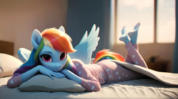 Size: 3480x1952 | Tagged: safe, imported from derpibooru, anthro, pegasus, plantigrade anthro, ai content, ai generated, bed, clothes, feet, female, generator:pony diffusion v6 xl, generator:stable diffusion, looking at you, lying down, mare, on bed, pajamas, pillow, prompter:nonezid, smiling, solo, spread wings, window, wings