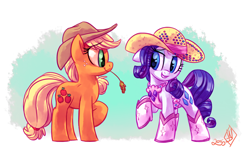 Size: 2100x1375 | Tagged: safe, artist:whitediamonds, imported from derpibooru, applejack, rarity, earth pony, pony, unicorn, applejack's hat, cowboy hat, duo, duo female, eyebrows, eyebrows visible through hair, eyeshadow, female, floppy ears, freckles, hat, horn, lesbian, looking at each other, looking at someone, makeup, mare, profile, raised hoof, rarijack, rarijack daily, shipping, side view, signature, smiling, smiling at each other, straw in mouth, tail