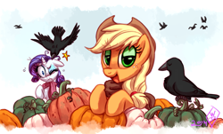 Size: 1825x1100 | Tagged: safe, artist:whitediamonds, imported from derpibooru, applejack, rarity, bird, crow, earth pony, pony, unicorn, applejack's hat, cowboy hat, duo, duo female, eyeshadow, female, freckles, gritted teeth, halloween, hat, holiday, horn, lesbian, looking at you, makeup, mare, one eye closed, open mouth, open smile, pain star, pumpkin, rarijack, rarijack daily, shipping, signature, smiling, smiling at you, teeth, wide eyes