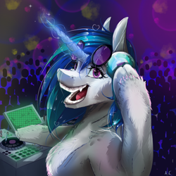 Size: 1378x1378 | Tagged: safe, artist:ixyotta, imported from derpibooru, dj pon-3, vinyl scratch, pony, unicorn, abstract background, bust, cloven hooves, fangs, female, floating heart, fluffy, glasses, glowing, glowing horn, headphones, heart, horn, looking at you, magic, mare, open mouth, open smile, record, screen, signature, smiling, smiling at you, solo, sparkles, teeth, turntable, unshorn fetlocks, vinyl's glasses, wrong eye color