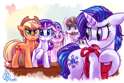 Size: 1475x1000 | Tagged: safe, artist:whitediamonds, imported from derpibooru, applejack, cookie crumbles, hondo flanks, rarity, sweetie belle, oc, oc:glory dwells, earth pony, pony, unicorn, fanfic:how far away you roam, angry, applejack's hat, aunt and niece, belle sisters, blushing, cookieflanks, cowboy hat, family, fanfic art, father and child, father and daughter, female, filly, floppy ears, foal, freckles, hat, horn, lesbian, looking at someone, looking back, male, mare, mother and child, mother and daughter, open mouth, raised hoof, rarijack, rarijack daily, rarity's parents, shipping, siblings, signature, sisters, stallion, straight, tail, unicorn oc