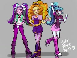 Size: 1024x768 | Tagged: safe, artist:jully-park, imported from derpibooru, adagio dazzle, aria blaze, sonata dusk, human, equestria girls, boots, bracelet, clothes, female, gem, gray background, high heels, humanized, jewelry, looking at you, one eye closed, open mouth, open smile, pigtails, ponytail, shoes, simple background, siren gem, skirt, smiling, smiling at you, smirk, the dazzlings, trio, trio female, twintails