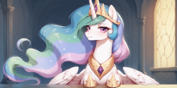 Size: 2400x1200 | Tagged: safe, imported from derpibooru, princess celestia, alicorn, ai content, ai generated, bust, looking at you, portrait, prompter:greesys, solo