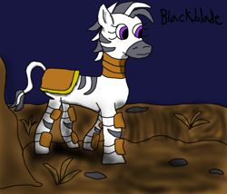 Size: 1072x919 | Tagged: safe, artist:blackblade360, imported from derpibooru, oc, oc only, oc:ekon (blackblade360), zebra, fallout equestria, armor, armored zebra, ashes town, battle saddle, dead grass, digital art, fallout, female, ibispaint x, leg stripes, mare, mare oc, mohawk, night, pixel art, post apocalypse, purple eyes, rock, solo, striped mane, striped tail, stripes, tail, two toned mane, two toned tail, walking, wasteland, zebra oc