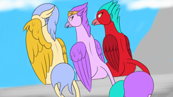 Size: 1920x1080 | Tagged: safe, artist:silverfan, imported from derpibooru, oc, oc only, griffon, behaving like a bird, butt, female, grooming, line-up, looking back, plot, plotline, preening, sitting, trio, wings