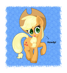 Size: 2300x2500 | Tagged: safe, artist:scandianon, imported from derpibooru, applejack, earth pony, pony, female, howdy, looking at you, mare, open mouth, open smile, pose, raised hoof, smiling, solo, talking, talking to viewer