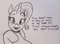 Size: 2048x1505 | Tagged: safe, artist:pony quarantine, imported from derpibooru, trixie, pony, unicorn, bust, dialogue, female, horn, looking at you, mare, pen drawing, solo, talking to viewer, traditional art