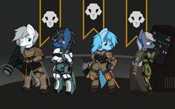 Size: 7200x4500 | Tagged: safe, artist:lone wolf, imported from derpibooru, oc, oc:hbg, oc:maple night, oc:starglows, oc:永恒, bat pony, pony, unicorn, armor, bat pony oc, bat wings, bipedal, clothes, helldivers, helldivers 2, helmet, horn, looking at each other, looking at someone, looking at something, smiling, standing on two hooves, unicorn oc, uniform, video game, wings