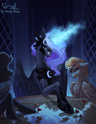 Size: 1895x2457 | Tagged: safe, artist:sorninay, imported from derpibooru, princess luna, oc, alicorn, pegasus, pony, glowing, glowing horn, height difference, helmet, hoof shoes, horn, indoors, long horn, map, partially open wings, peytral, princess shoes, slender, sternocleidomastoid, tall, thin, trio, wings