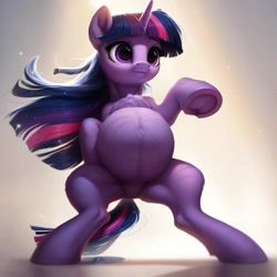 Size: 1024x1024 | Tagged: safe, imported from derpibooru, twilight sparkle, pony, unicorn, ai assisted, ai content, ai generated, belly, big belly, bipedal, female, floor, frog (hoof), hoofbutt, horn, mare, prompter:jaguarcalamitydejv, round belly, solo, standing, underhoof