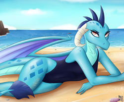 Size: 1696x1400 | Tagged: safe, artist:bmonedula, imported from derpibooru, princess ember, anthro, dragon, beach, clothes, dragoness, female, lying down, ocean, one-piece swimsuit, sand, solo, swimsuit, water