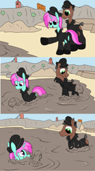 Size: 2000x3592 | Tagged: safe, artist:amateur-draw, imported from derpibooru, oc, oc only, oc:belle boue, oc:oak wood, earth pony, unicorn, 3 panel comic, boots, clothes, comic, covered in mud, gay, gloves, horn, jacket, leather, leather boots, leather gloves, leather hat, leather jacket, leather vest, male, mud, mud bath, muddy, quarry, shoes, sign, sinking, vest