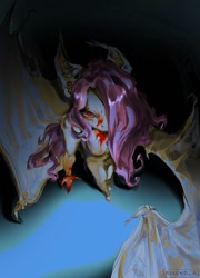 Size: 923x1280 | Tagged: safe, artist:mskend_a, imported from derpibooru, fluttershy, anthro, bat pony, plantigrade anthro, undead, vampire, bat ponified, beautiful, blood, dark, female, flutterbat, hair over one eye, high angle, looking at you, painting, race swap, solo, spread wings, wings