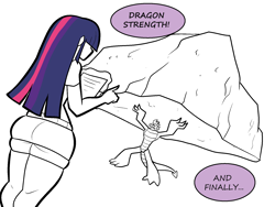 Size: 1800x1350 | Tagged: safe, artist:chillguydraws, artist:thicc-verse, imported from derpibooru, spike, twilight sparkle, anthro, digitigrade anthro, dragon, human, ass, butt, dialogue, duo, duo male and female, female, humanized, lifting, male, older, older spike, partial color, rock, simple background, speech bubble, twibutt, white background