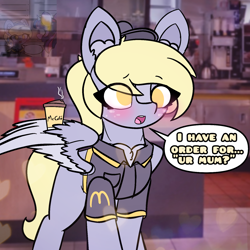 Size: 1500x1500 | Tagged: safe, artist:sodapop sprays, imported from derpibooru, part of a set, derpy hooves, pegasus, pony, series:derpy can't catch a break, blushing, clothes, ear fluff, fast food, food, hat, mcdonald's, meme, part of a series, real life background, solo, text, uniform, uniform hat, your mom