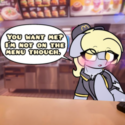 Size: 4096x4096 | Tagged: safe, artist:sodapop sprays, imported from derpibooru, part of a set, derpy hooves, pegasus, pony, series:derpy can't catch a break, blushing, clothes, ear fluff, fast food, food, hat, mcdonald's, meme, part of a series, real life background, solo, speech bubble, text, uniform, uniform hat