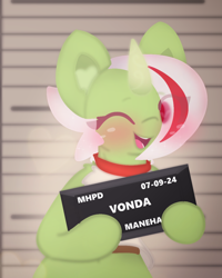 Size: 1026x1283 | Tagged: safe, artist:sodapop sprays, imported from derpibooru, oc, oc only, oc:vonda, oc:vondsketch, pony, semi-anthro, unicorn, barbie mugshot meme, chest fluff, clothes, ear fluff, eye clipping through hair, horn, jail, looking at you, manehattan, meme, mugshot, one eye closed, solo, wink, winking at you