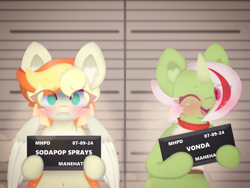 Size: 4096x3072 | Tagged: safe, artist:sodapop sprays, imported from derpibooru, oc, oc only, oc:sodapop sprays, oc:vonda, oc:vondsketch, pegasus, pony, semi-anthro, unicorn, barbie mugshot meme, blushing, chest fluff, clothes, crying, duo, ear fluff, eye clipping through hair, guilty, horn, jail, looking at you, manehattan, meme, mugshot, one eye closed, solo, this will not end well, wink, winking at you