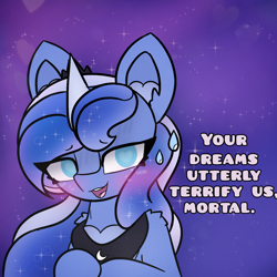 Size: 4096x4096 | Tagged: safe, artist:sodapop sprays, imported from derpibooru, princess luna, alicorn, pony, chest fluff, ear fluff, eye clipping through hair, flustered, looking at you, solo, sweat, sweatdrop, talking to viewer, text, wingding eyes, worried