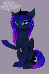 Size: 2400x3634 | Tagged: safe, artist:magnaluna, imported from derpibooru, princess luna, alicorn, pony, chest fluff, crown, curved horn, ear fluff, ethereal mane, ethereal tail, female, folded wings, high res, horn, jewelry, mare, open mouth, raised hoof, regalia, sitting, solo, speech bubble, tail, wings