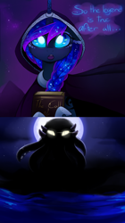 Size: 1600x2851 | Tagged: safe, artist:magnaluna, imported from derpibooru, princess luna, alicorn, pony, 2 panel comic, book, braid, braided ponytail, cheek fluff, cloak, clothes, comic, ethereal mane, female, full moon, hood, horn, mare, moon, night, night sky, open mouth, outdoors, ponytail, sky, speech bubble, stars