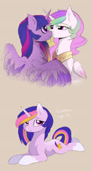 Size: 2600x4835 | Tagged: safe, artist:magnaluna, imported from derpibooru, princess celestia, twilight sparkle, oc, alicorn, pony, unicorn, boop, chest fluff, colored wings, colored wingtips, ear fluff, eye contact, eyeshadow, female, folded wings, high res, horn, horns are touching, lesbian, looking at each other, looking at someone, looking at you, lying down, magical lesbian spawn, makeup, mare, nose wrinkle, noseboop, offspring, parent:princess celestia, parent:twilight sparkle, parents:twilestia, peytral, prone, shipping, sploot, spread wings, tail, trio, trio female, twilestia, twilight sparkle (alicorn), unicorn oc, wings