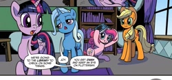 Size: 2034x948 | Tagged: safe, artist:pencils, idw, imported from derpibooru, applejack, pinkie pie, trixie, twilight sparkle, alicorn, earth pony, pony, unicorn, spoiler:comic, spoiler:comic73, horn, official comic, trixie is not amused, unamused