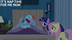 Size: 2000x1125 | Tagged: safe, edit, edited screencap, editor:quoterific, imported from derpibooru, screencap, fluttershy, rainbow dash, twilight sparkle, unicorn, read it and weep, bed, clothes, female, hospital, hospital bed, hospital gown, one ear down, open mouth, trio, trio female, unicorn twilight, volumetric mouth