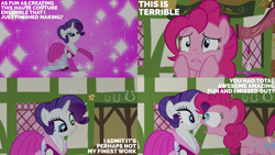 Size: 2000x1125 | Tagged: safe, edit, edited screencap, editor:quoterific, imported from derpibooru, screencap, pinkie pie, rarity, too many pinkie pies, clothes, dress, duo, duo female, female